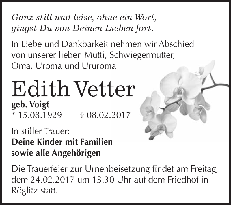 Traueranzeigen Von Edith Vetter Abschied Nehmen De