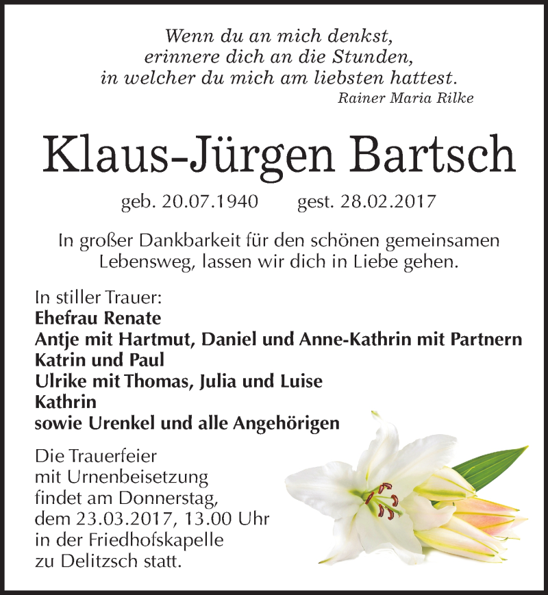 Traueranzeigen von Klaus Jürgen Bartsch abschied nehmen de