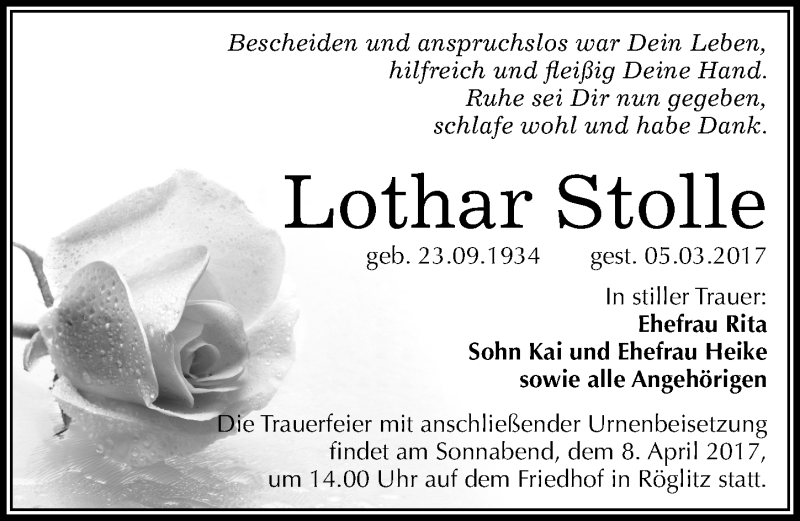 Traueranzeigen Von Lothar Stolle Abschied Nehmen De