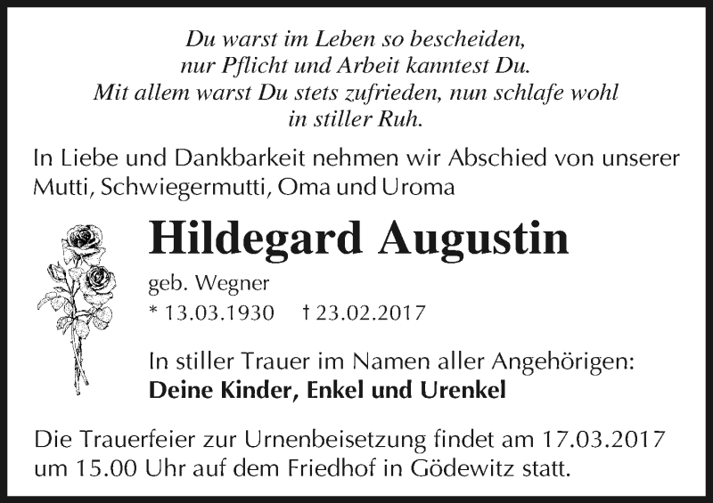 Traueranzeigen Von Hildegard Augustin Abschied Nehmen De