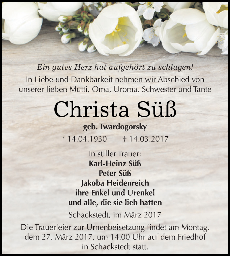 Traueranzeigen von Christa Süß abschied nehmen de