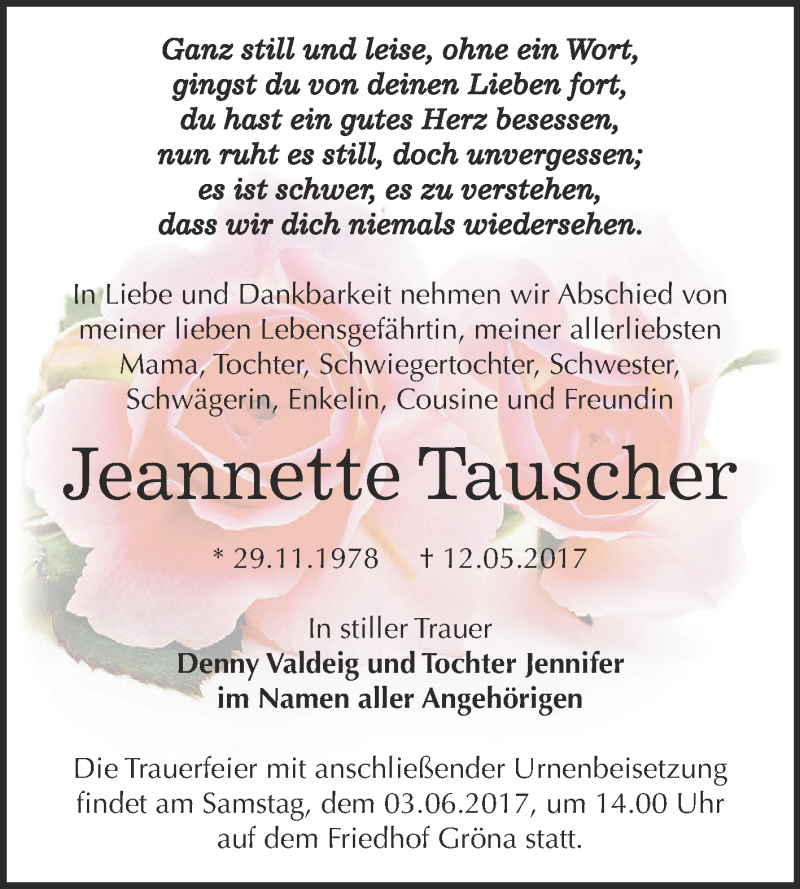 Traueranzeigen Von Jeannette Tauscher Abschied Nehmen De