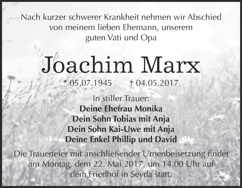 Traueranzeigen Von Joachim Marx Abschied Nehmen De