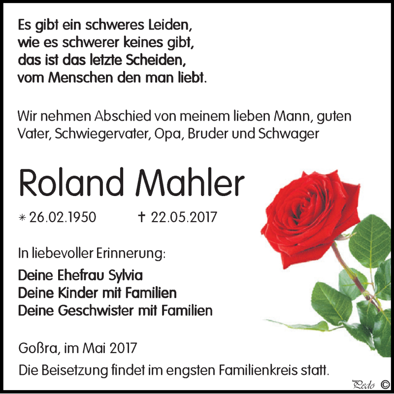 Traueranzeigen Von Roland Mahler Abschied Nehmen De