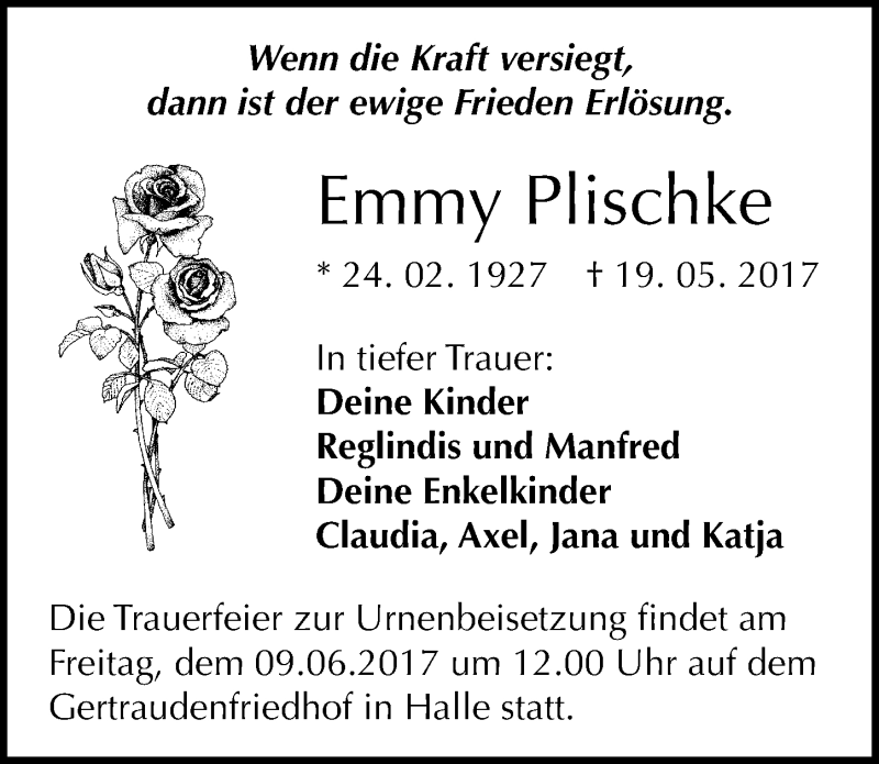 Traueranzeigen Von Emmy Plischke Abschied Nehmen De