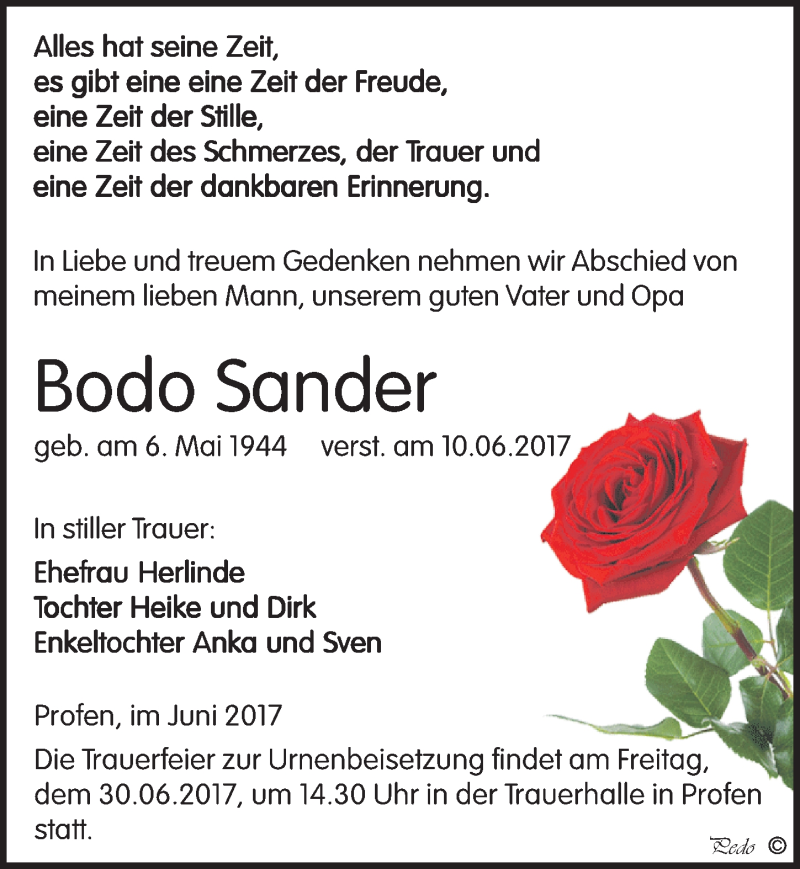 Traueranzeigen Von Bodo Sander Abschied Nehmen De