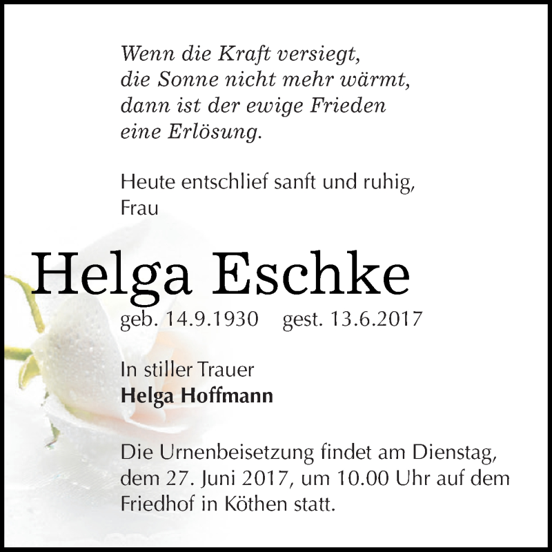 Traueranzeigen Von Helga Eschke Abschied Nehmen De