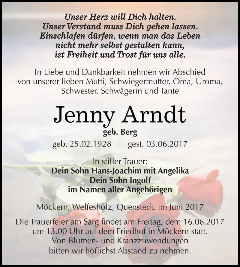 Traueranzeigen Von Jenny Arndt Abschied Nehmen De