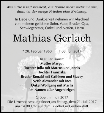 Traueranzeigen Von Mathias Gerlach Abschied Nehmen De