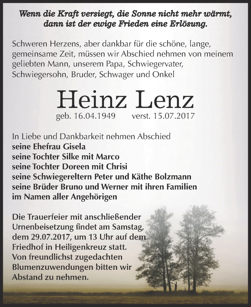 Traueranzeigen Von Heinz Lenz Abschied Nehmen De