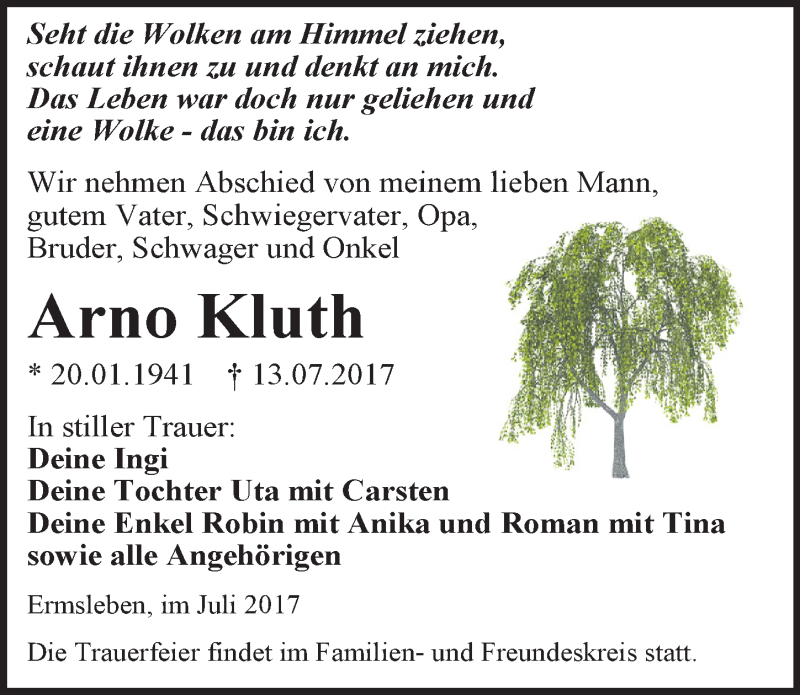 Traueranzeigen Von Arno Kluth Abschied Nehmen De