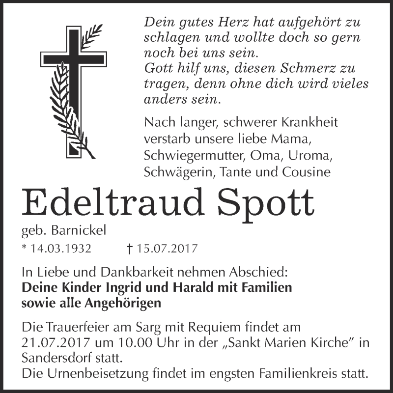 Traueranzeigen Von Edeltraud Spott Abschied Nehmen De