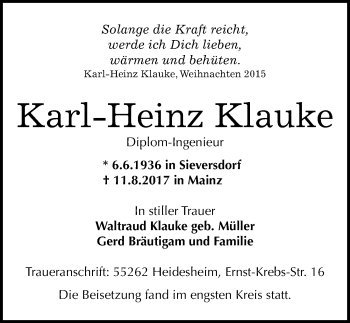 Traueranzeigen Von Karl Heinz Klauke Abschied Nehmen De