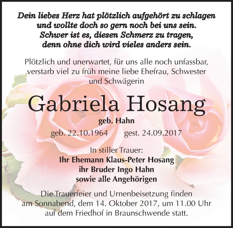 Traueranzeigen Von Gabriela Hosang Abschied Nehmen De