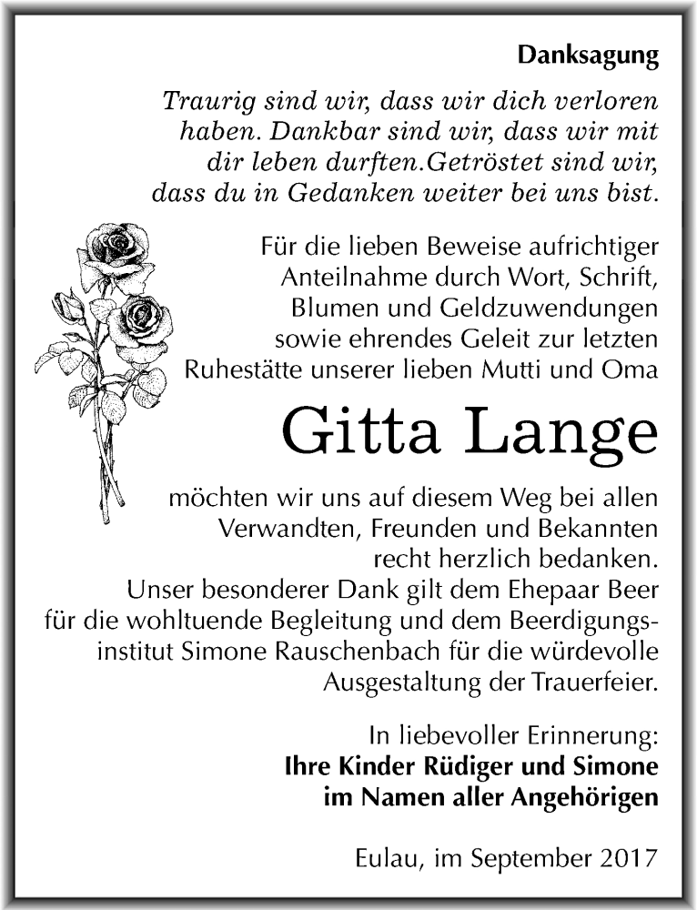 Traueranzeigen Von Gitta Lange Abschied Nehmen De