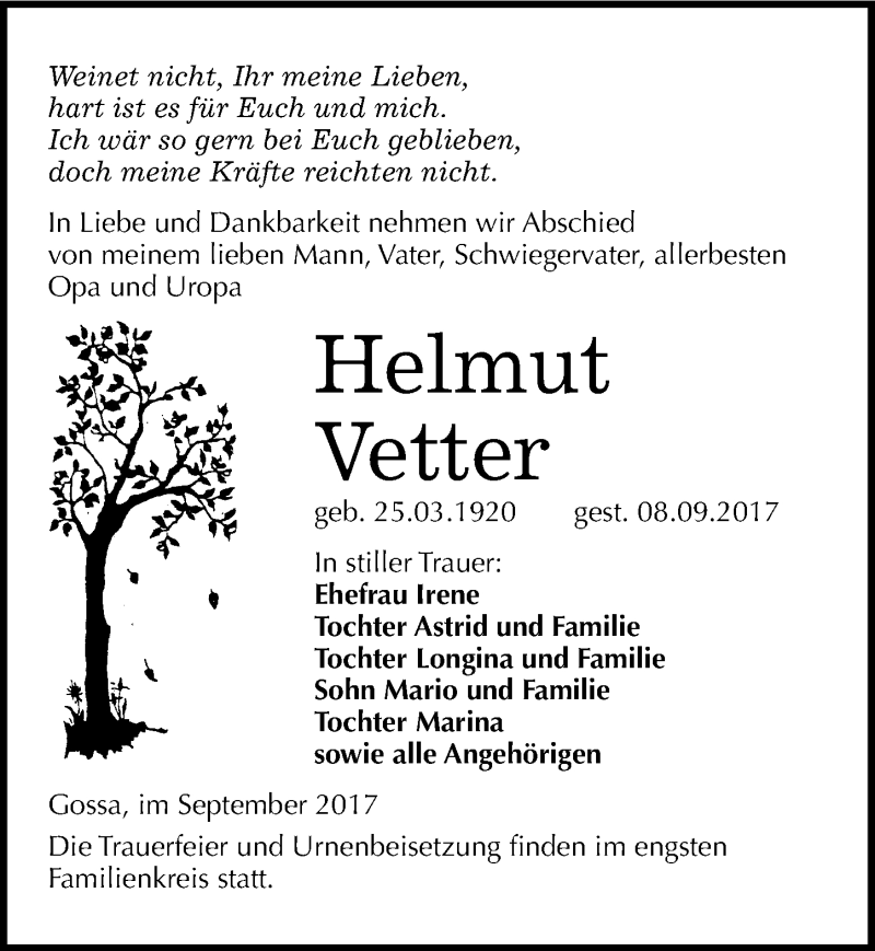 Traueranzeigen Von Helmut Vetter Abschied Nehmen De