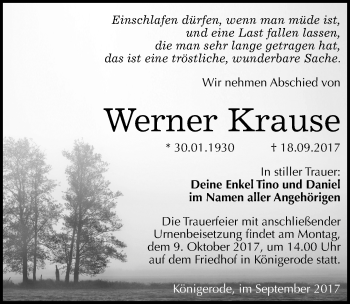 Traueranzeigen Von Werner Krause Abschied Nehmen De