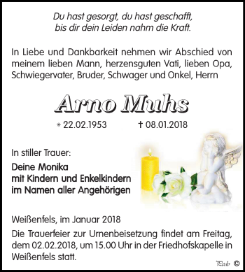 Traueranzeigen Von Arno Muhs Abschied Nehmen De