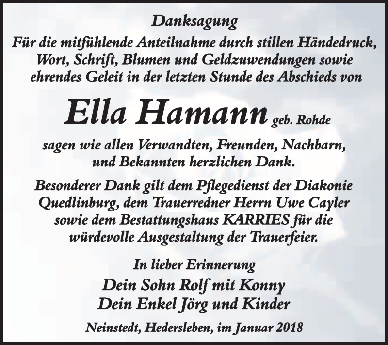 Traueranzeigen Von Ella Hamann Abschied Nehmen De