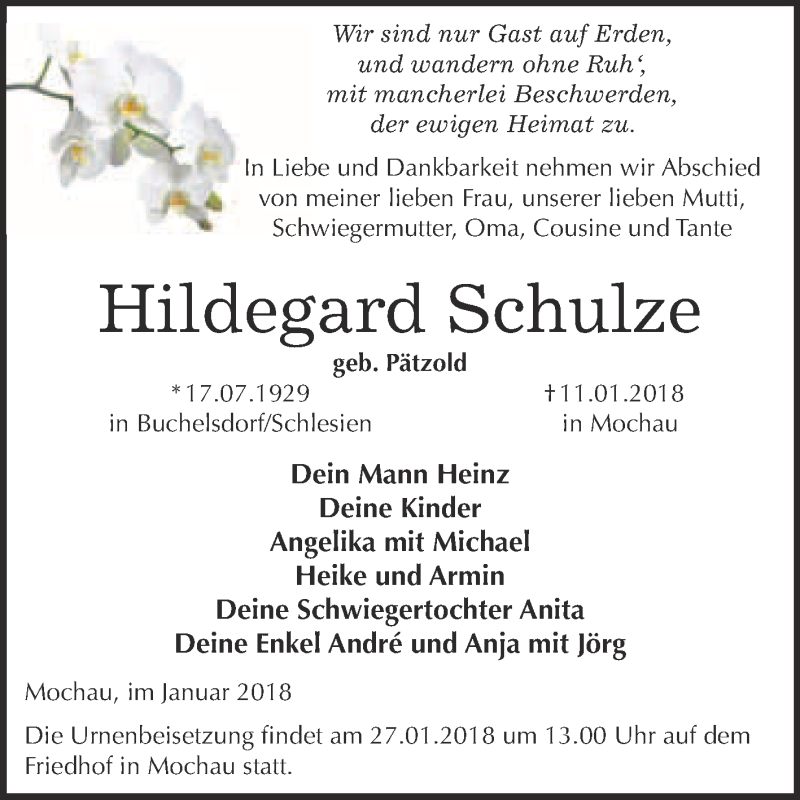 Traueranzeigen Von Hildegard Schulze Abschied Nehmen De