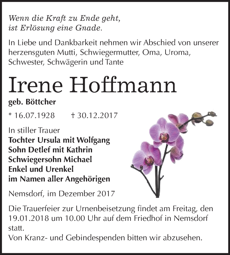 Traueranzeigen Von Irene Hoffmann Abschied Nehmen De