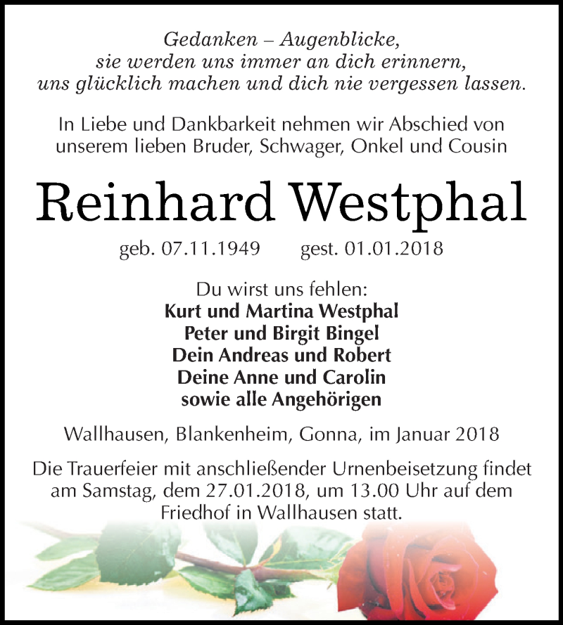 Traueranzeigen Von Reinhard Westphal Abschied Nehmen De