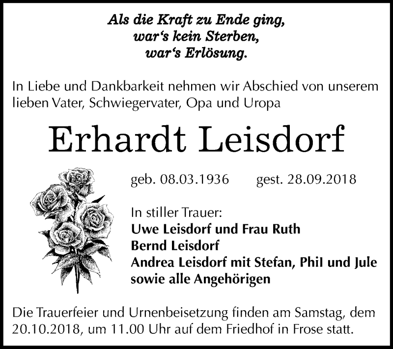 Traueranzeigen Von Erhardt Leisdorf Abschied Nehmen De