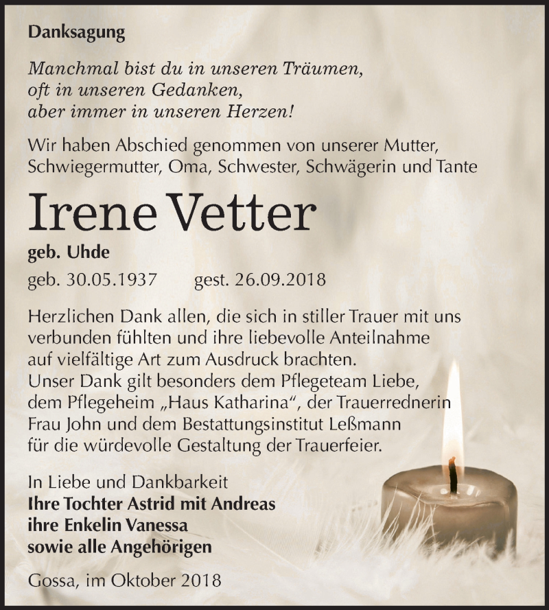 Traueranzeigen Von Irene Vetter Abschied Nehmen De