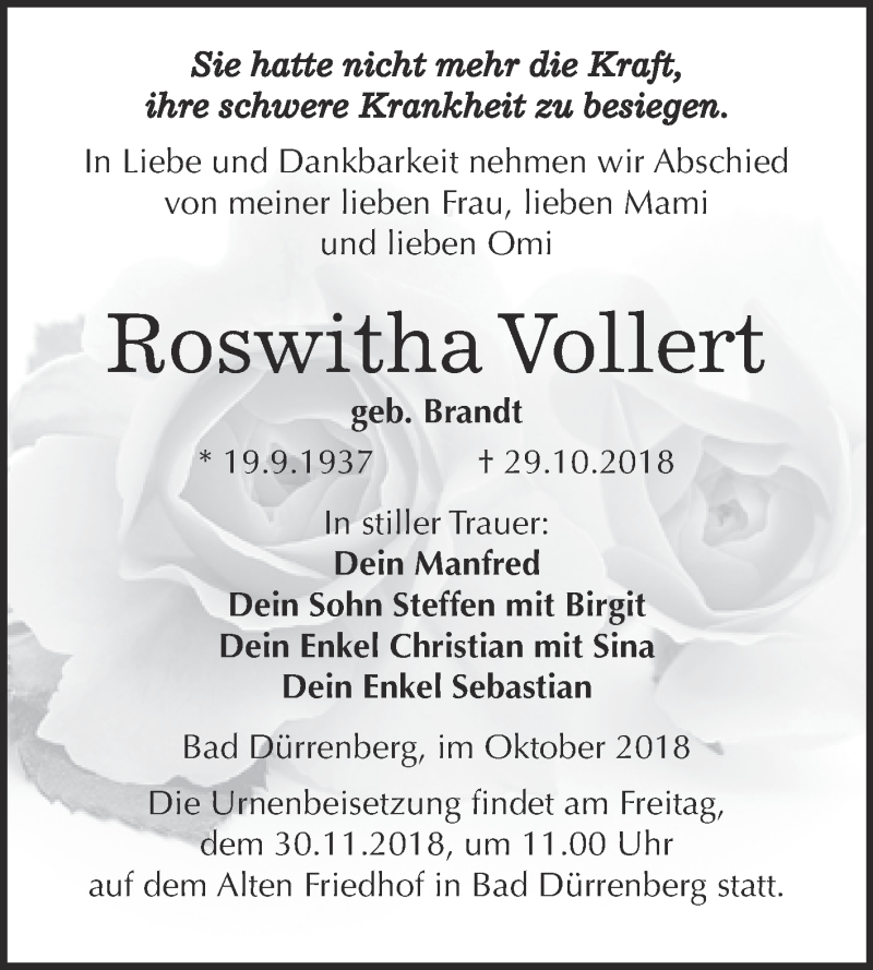 Traueranzeigen Von Roswitha Vollert Abschied Nehmen De