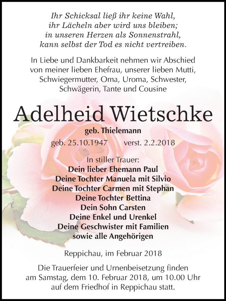 Traueranzeigen Von Adelheid Wietschke Abschied Nehmen De