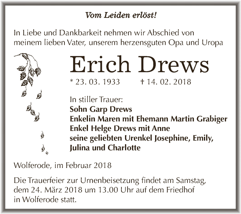 Traueranzeigen Von Erich Drews Abschied Nehmen De