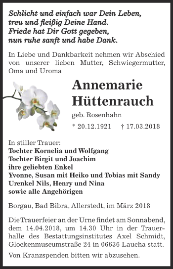 Traueranzeigen von Annemarie Hüttenrauch abschied nehmen de