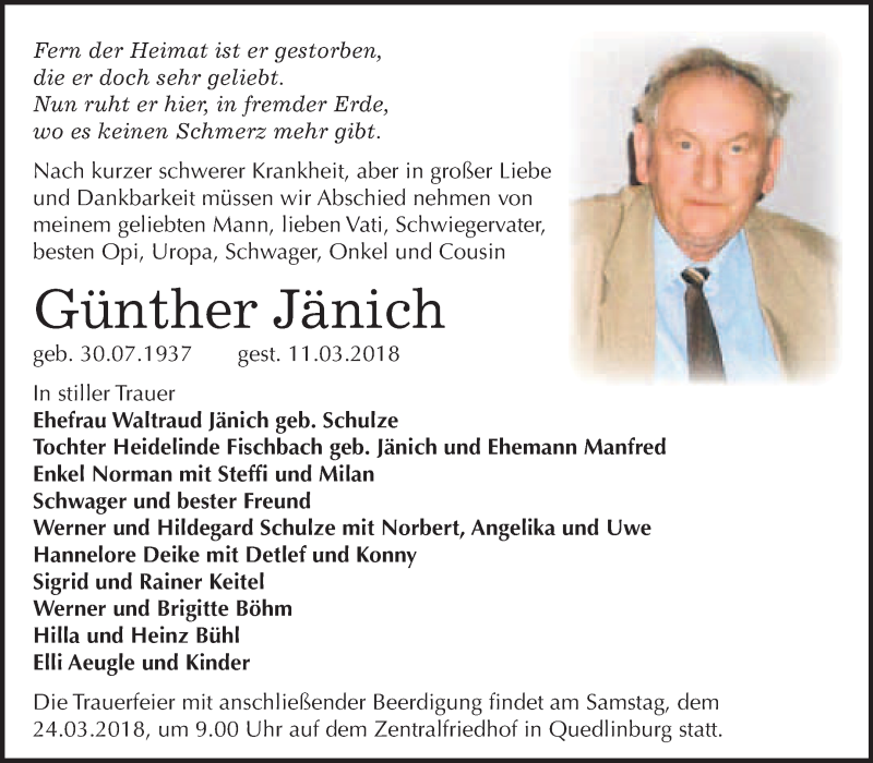 Traueranzeigen Von G Nther J Nich Abschied Nehmen De