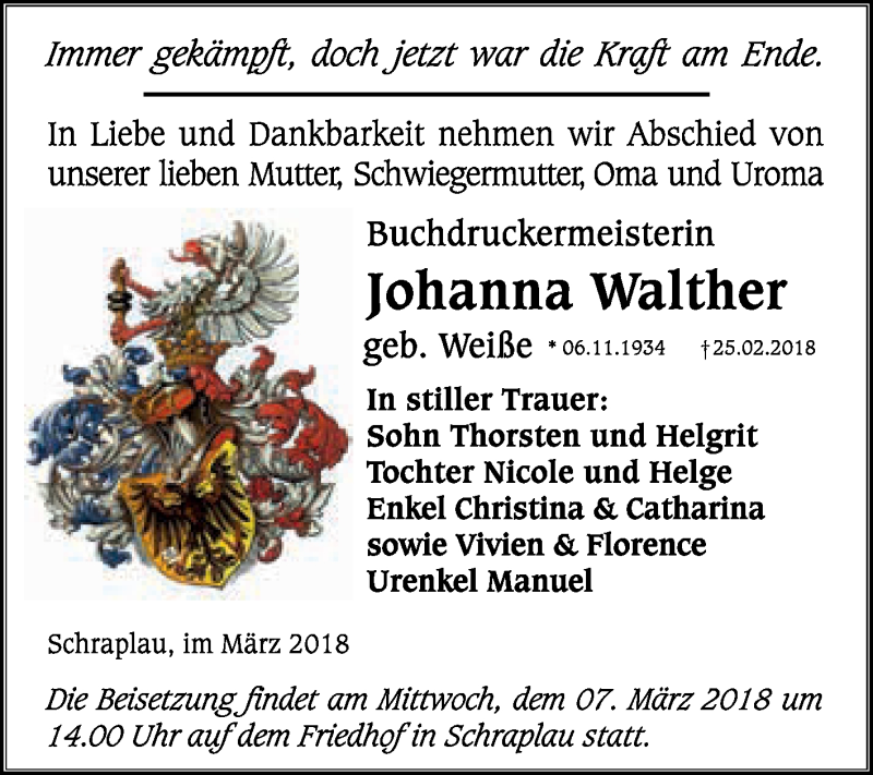 Traueranzeigen Von Johanna Walther Abschied Nehmen De