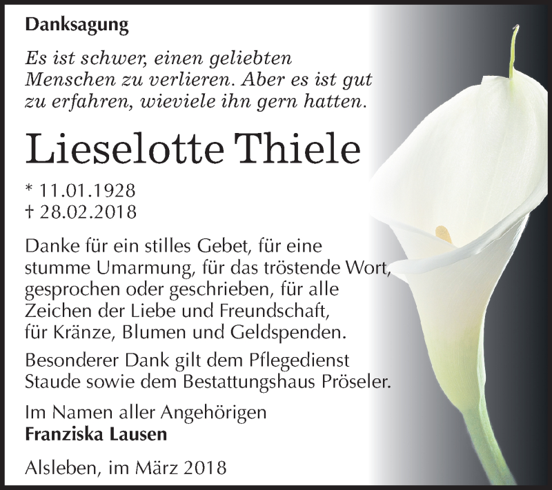 Traueranzeigen Von Lieselotte Thiele Abschied Nehmen De