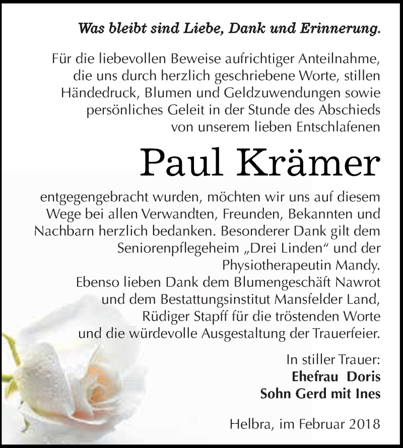 Traueranzeigen Von Paul Kr Mer Abschied Nehmen De