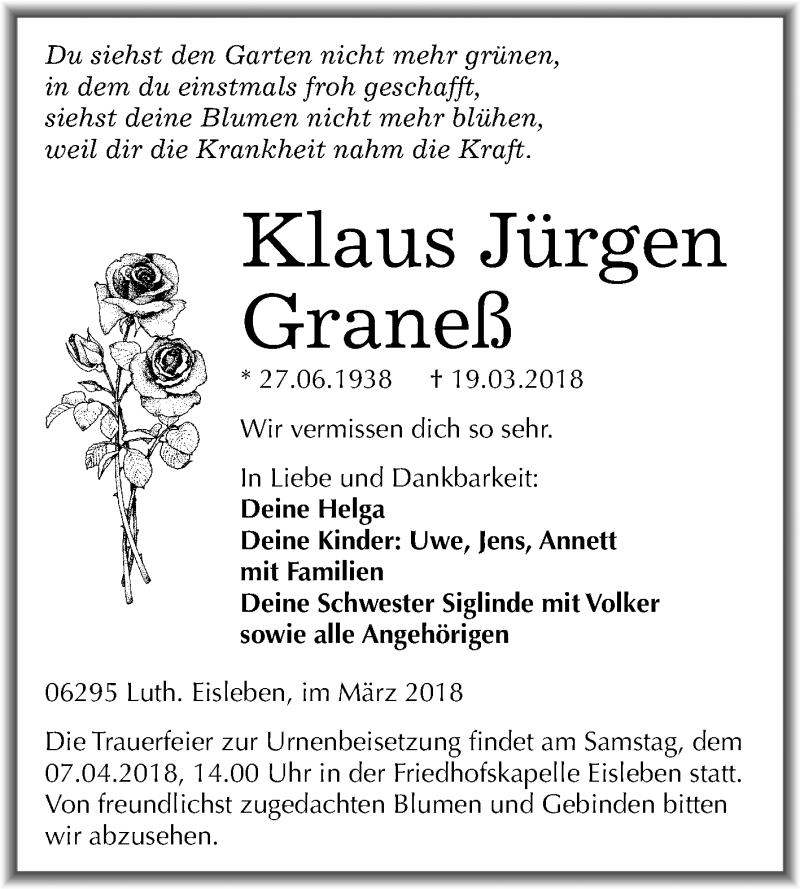 Traueranzeigen von Klaus Jürgen Graneß abschied nehmen de