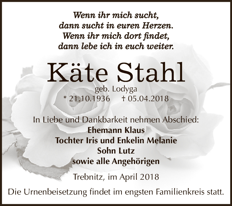 Traueranzeigen von Käte Stahl abschied nehmen de