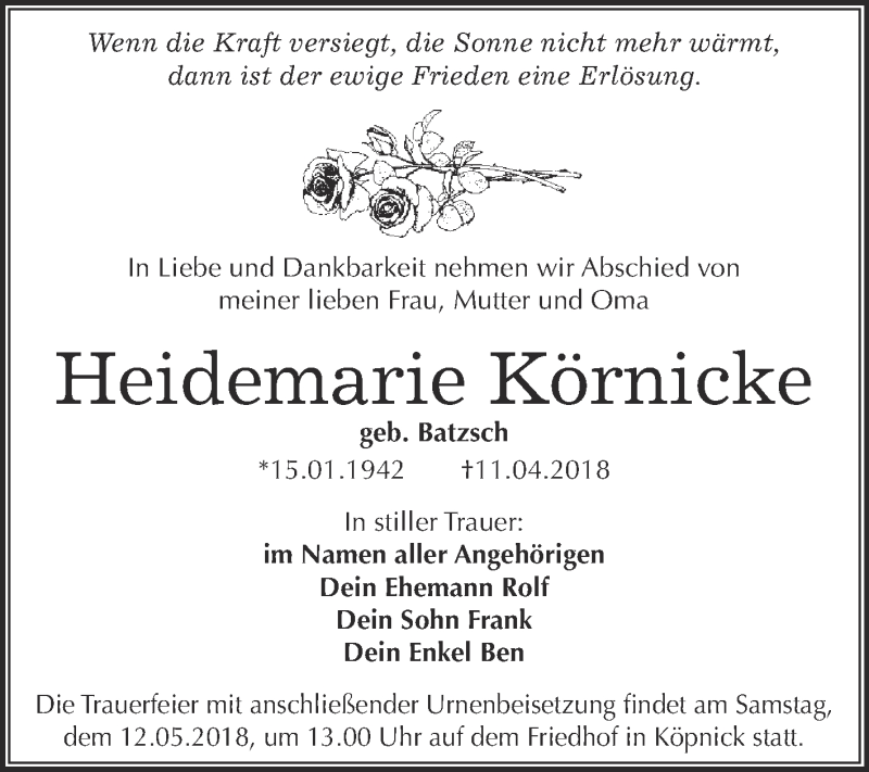 Traueranzeigen von Heidemarie Körnicke abschied nehmen de