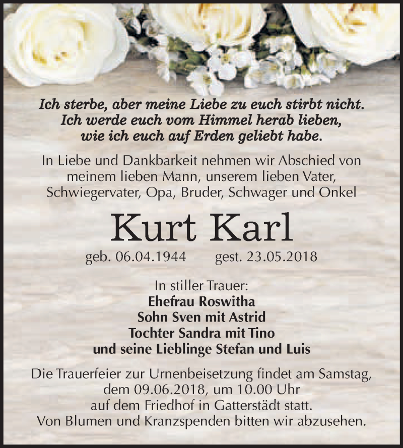 Traueranzeigen Von Kurt Karl Abschied Nehmen De