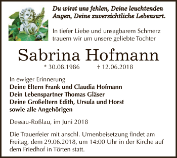 Traueranzeigen Von Sabrina Hofmann Abschied Nehmen De