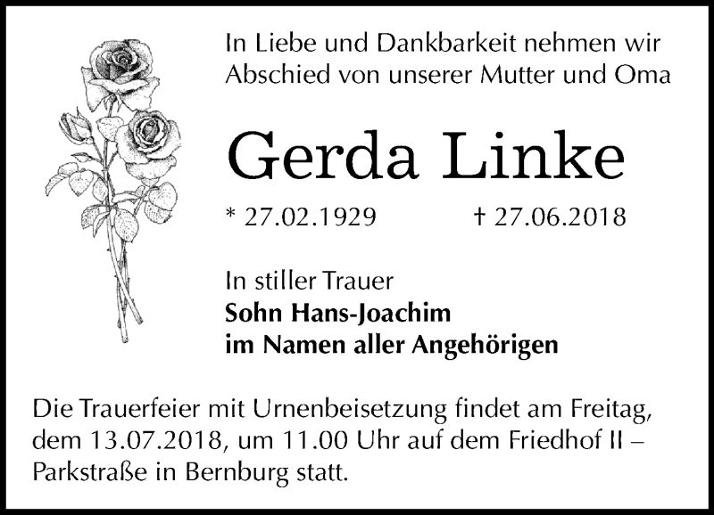 Traueranzeigen Von Gerda Linke Abschied Nehmen De