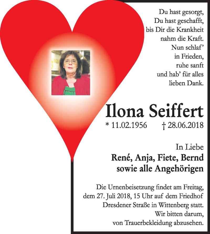 Traueranzeigen Von Ilona Seiffert Abschied Nehmen De