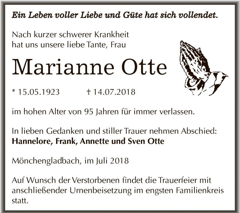 Traueranzeigen Von Marianne Otte Abschied Nehmen De