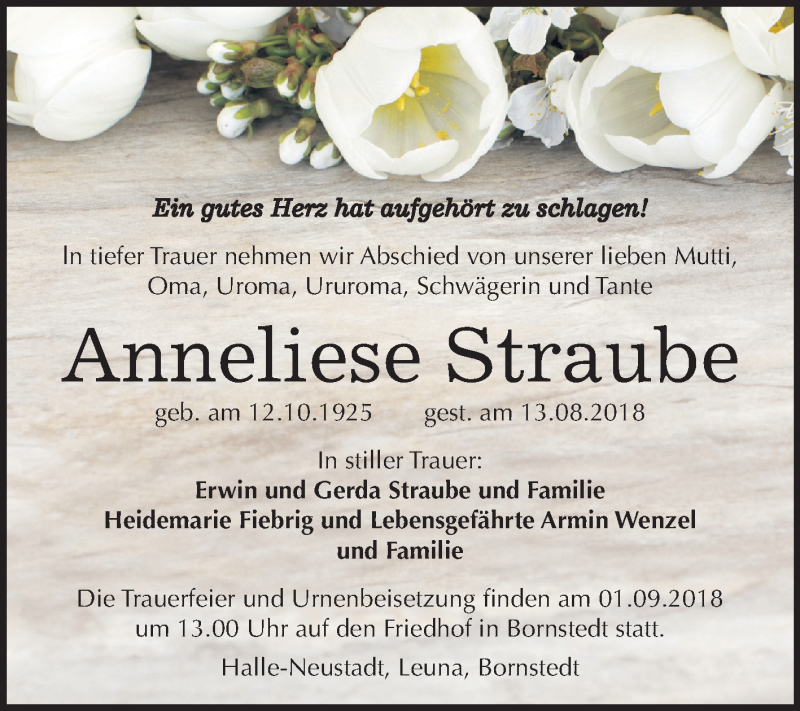 Traueranzeigen Von Anneliese Straube Abschied Nehmen De