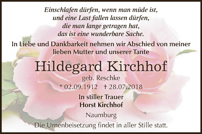 Traueranzeigen Von Hildegard Kirchhof Abschied Nehmen De