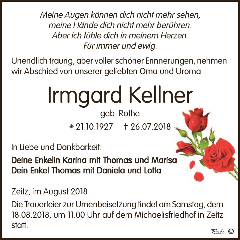 Traueranzeigen Von Irmgard Kellner Abschied Nehmen De