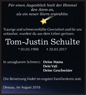 Traueranzeigen Von Tom Justin Schulte Abschied Nehmen De