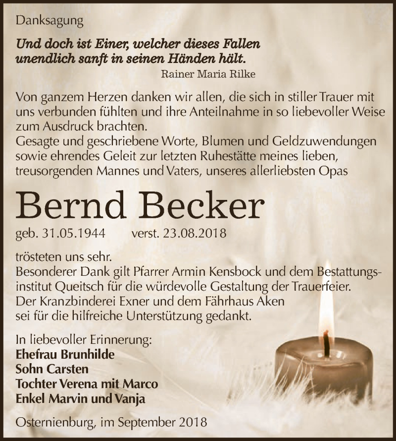 Traueranzeigen Von Bernd Becker Abschied Nehmen De