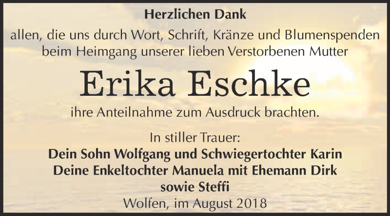 Traueranzeigen Von Erika Eschke Abschied Nehmen De